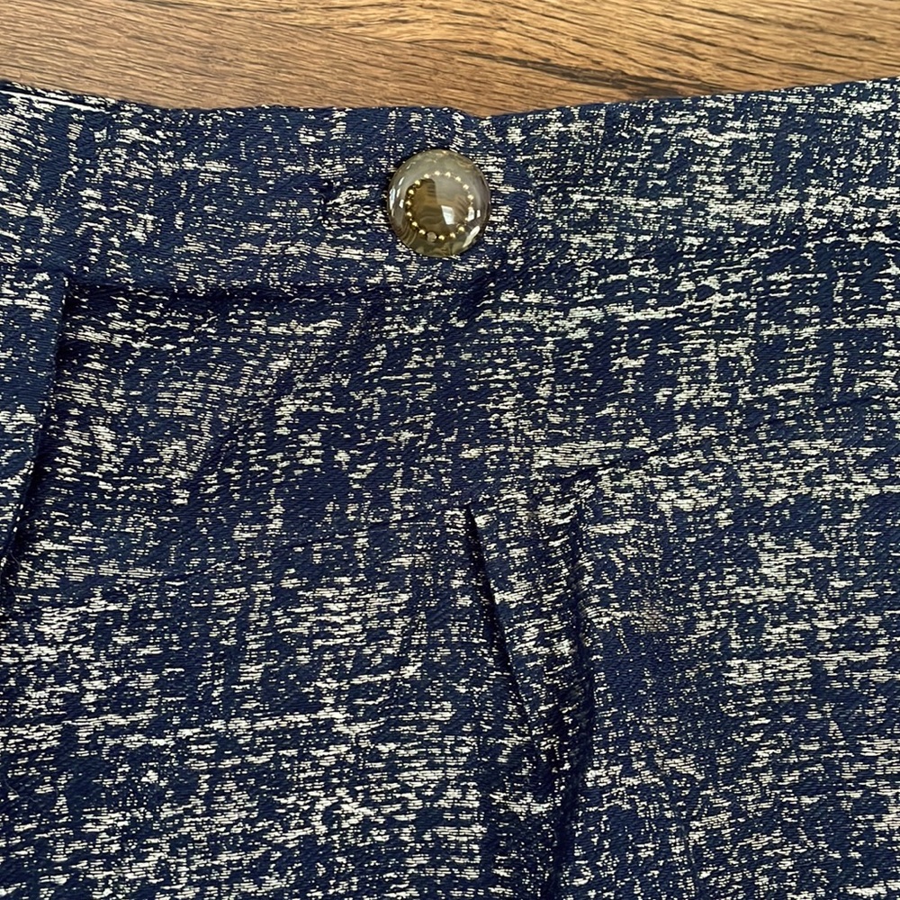 Anthropologie Coquille Midnight Blue & Metallic Light Gold Pleated Dress Shorts - Picture 4 of 6